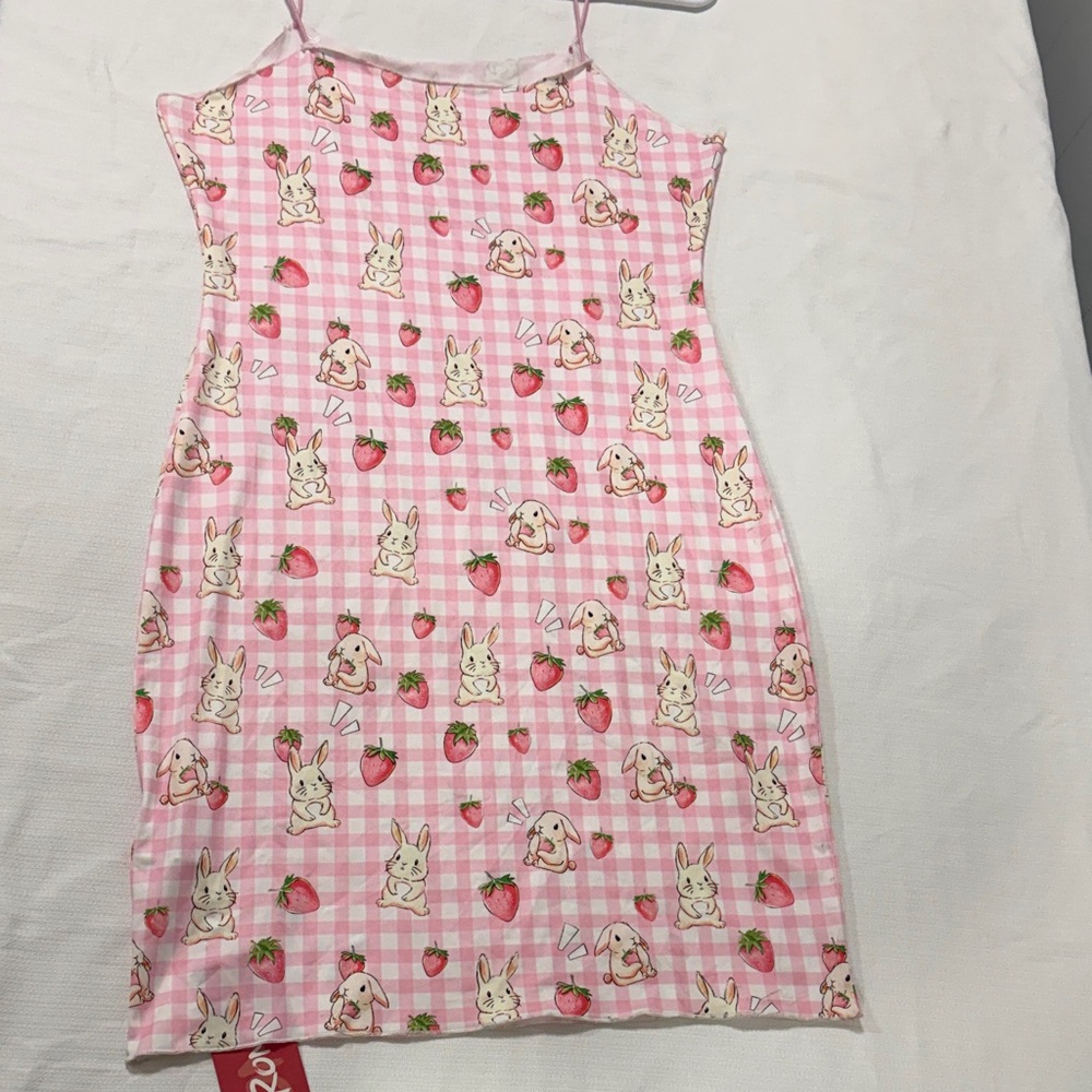 ROMWE Pink Gingham Dress with Bunny and Strawberry Design